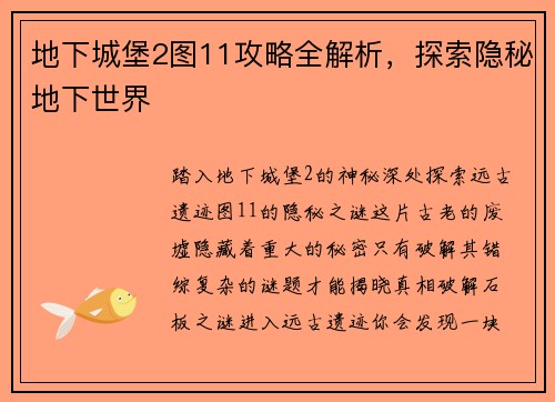地下城堡2图11攻略全解析，探索隐秘地下世界