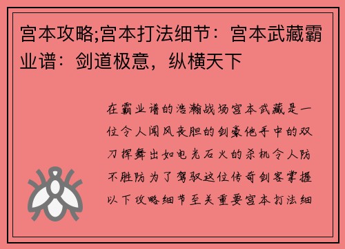 宫本攻略;宫本打法细节：宫本武藏霸业谱：剑道极意，纵横天下